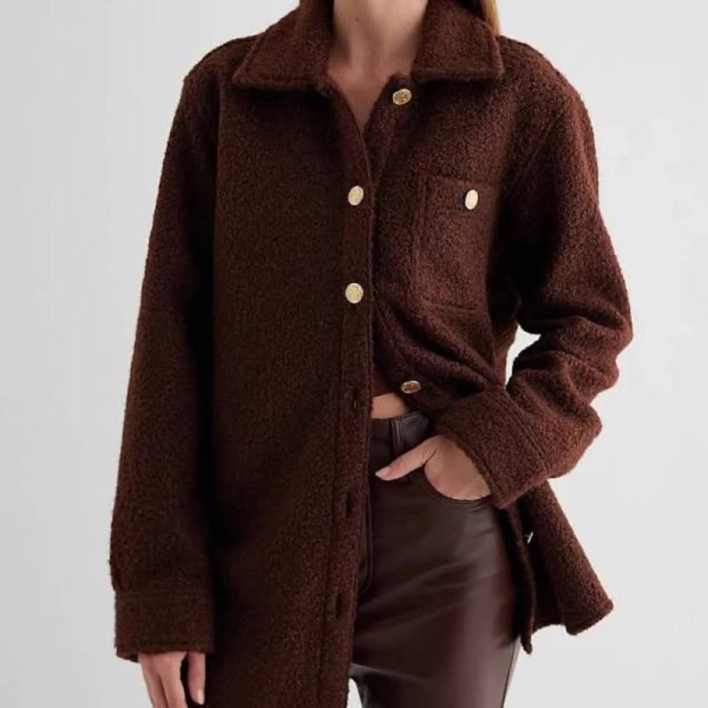 Express Tweed Novelty Button Oversized Shacket - Rich Mocha M